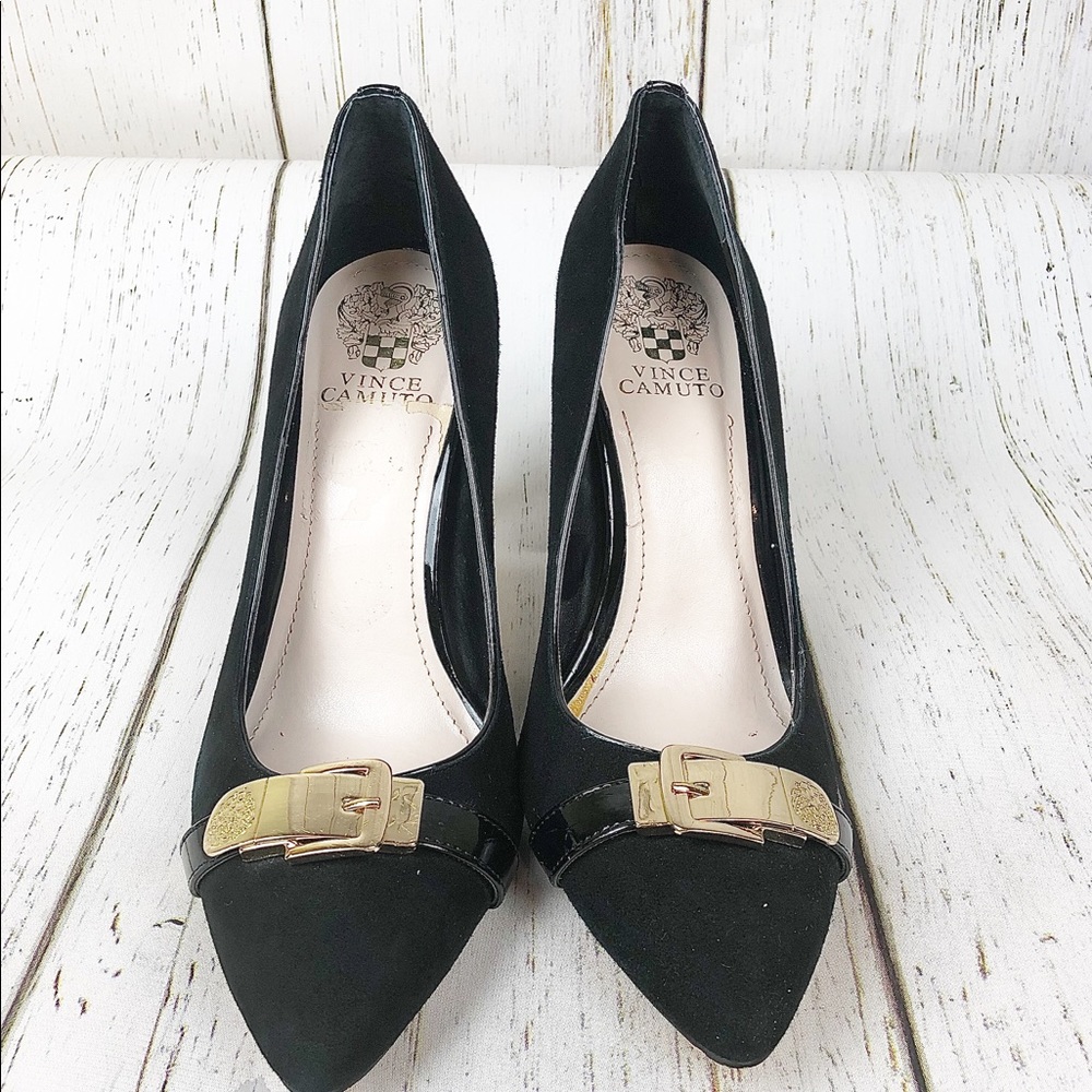 Vince Camuto Gold Buckle Suede Pumps